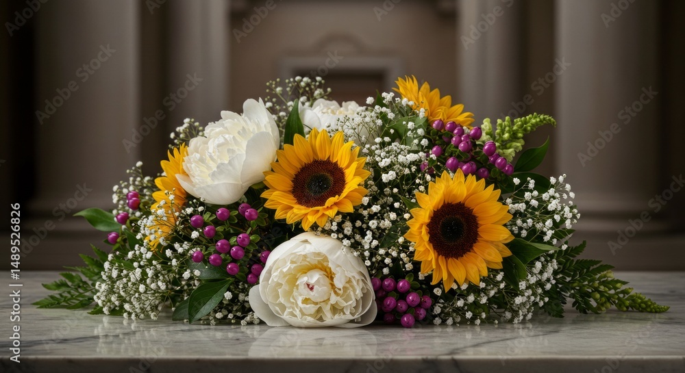Fototapeta premium Elegant Floral Arrangement Featuring Sunflowers, Peonies, and Baby's Breath