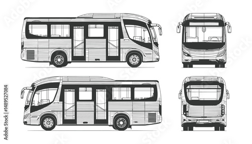 Detailed technical drawing showcases a passenger bus from various angles: side, front and rear views