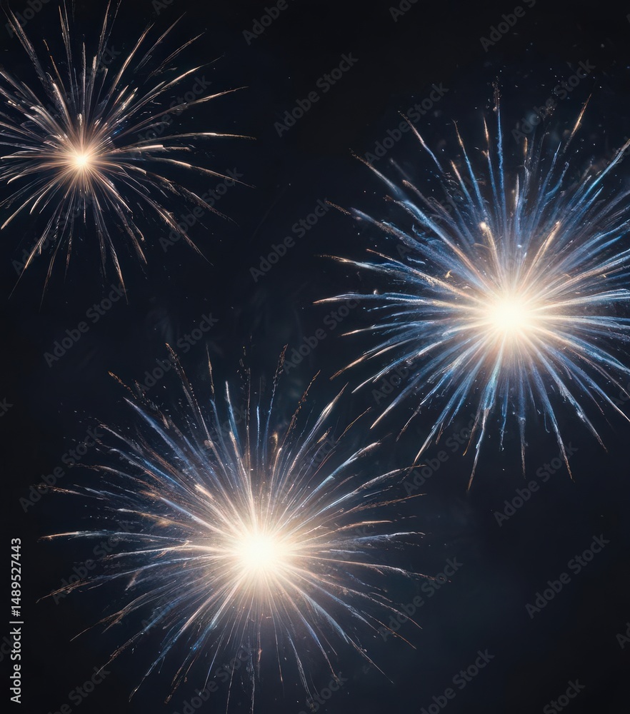 Naklejka premium Isolated blue firework bursts, dark starry night sky, display, sparkle, fire