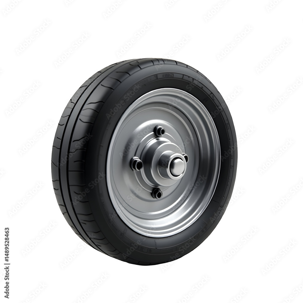 Fototapeta premium Sharp and realistic wheel rendering featuring detailed tread and a polished silver rim against a uniform setting