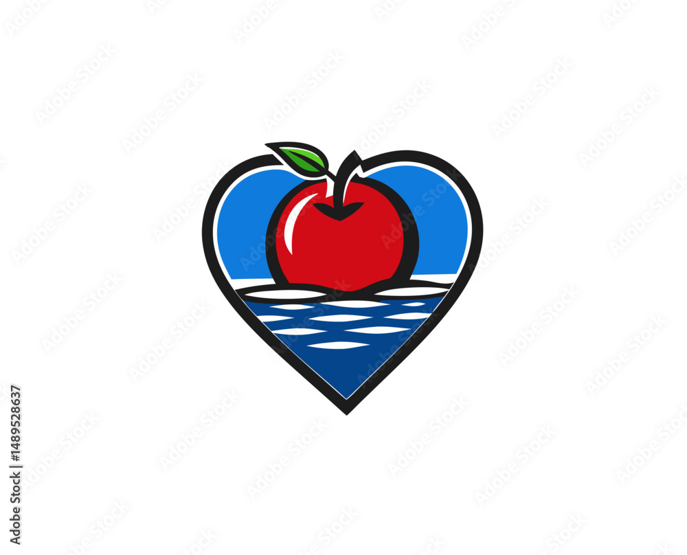 Fototapeta premium Red apple in heart shape with blue water background design 