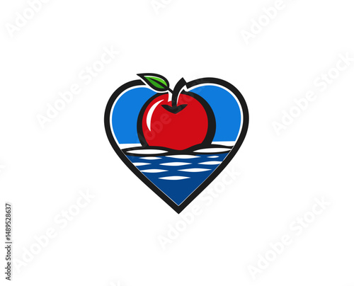 Red apple in heart shape with blue water background design  