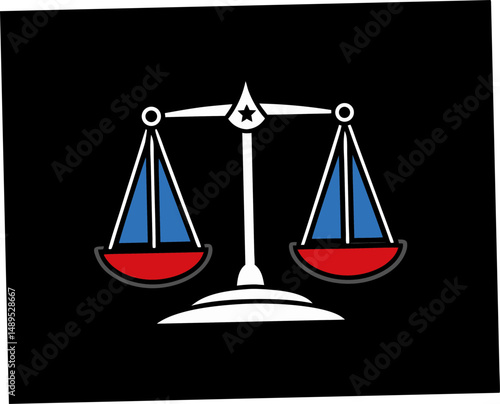 Balanced scale icon with blue and red bowls on black background  