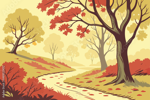 12 autumn alley, colorful trees, yellow and red leaves, winding path, vibrant landscape, dreamy atmosphere, impressionist style, oil painting effect, detailed foliage, bright colors, serene environmen