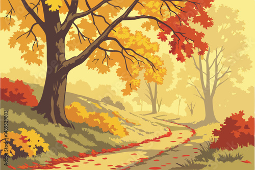 12 autumn alley, colorful trees, yellow and red leaves, winding path, vibrant landscape, dreamy atmosphere, impressionist style, oil painting effect, detailed foliage, bright colors, serene environmen