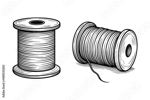 Thread Spools, Detailed Engraving Illustrative Sewing Notions and Supplies