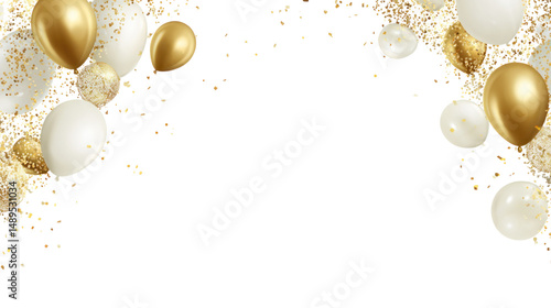 Balloons: An image of gold and white balloons and confetti celebrating a special event.