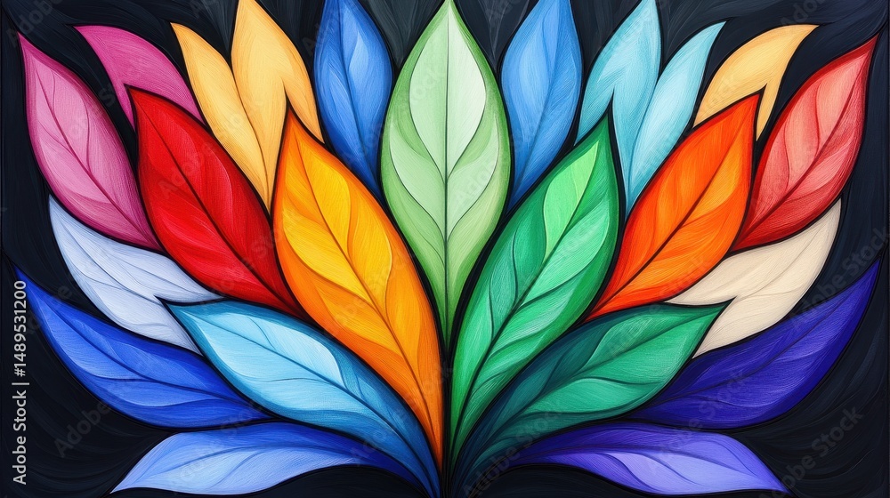 Radiating Multicolored Leaves on Dark Background Radiating Multicolored Leaves on Dark Background