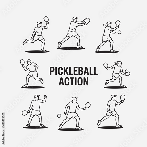 Vector illustration showing pickleball players in action demonstrating various play movements