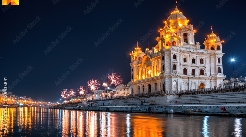 Fototapeta premium Illuminated Waterfront Building at Night with Fireworks