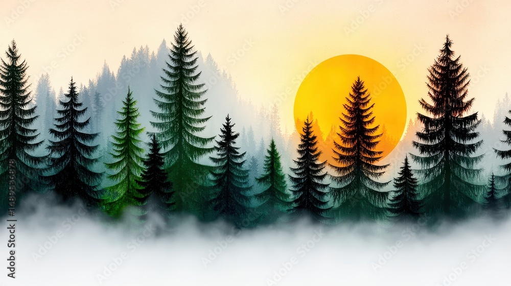 Obraz premium Misty Evergreen Forest Sunrise with Large Orange Sun