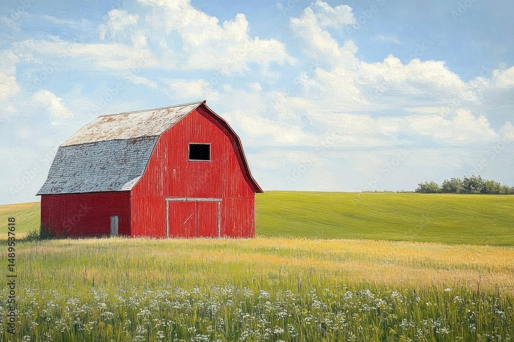 Obraz premium Red barn standing alone in a sunny field with wildflowers under a bright blue sky with scattered white clouds