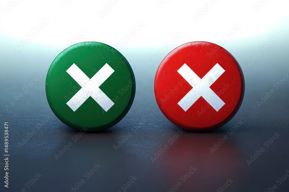 Fototapeta premium Two textured circular tokens with white cross marks, one green and one red, placed side by side on a dark reflective surface with soft lighting