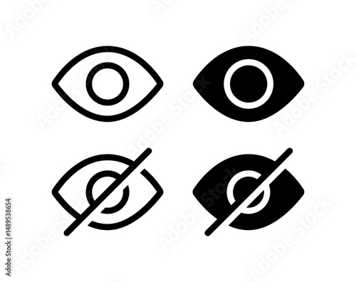 Eye icon set. Linear and solid eye icons for show and do not show, vector eye symbols collection. UI design, interface symbol, medical and healthcare concept of human organ