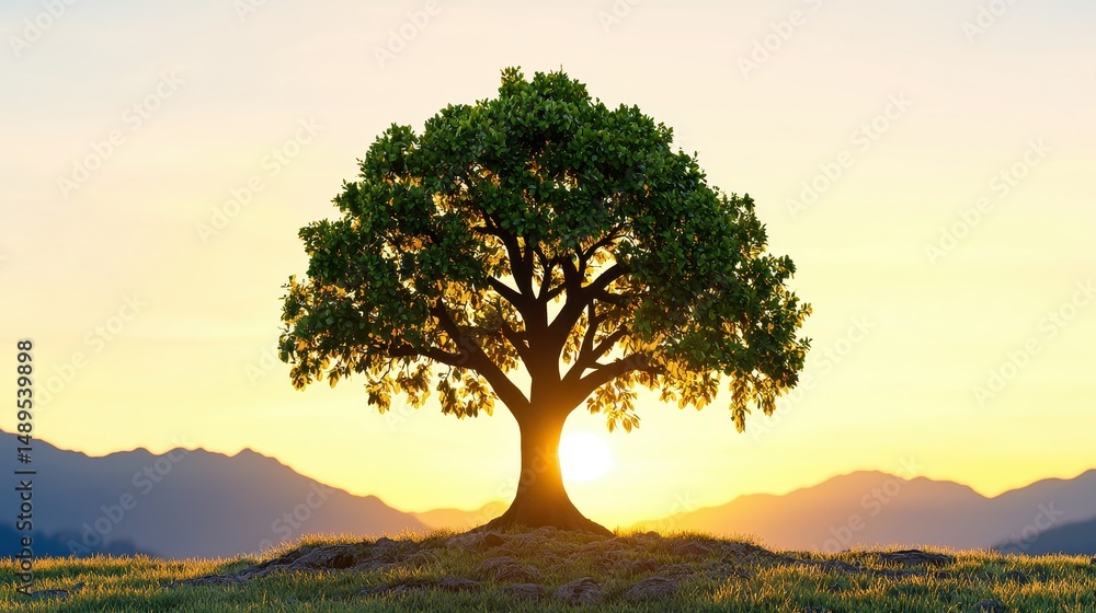 Fototapeta premium Single Green Tree Silhouette at Sunset with Mountain Background