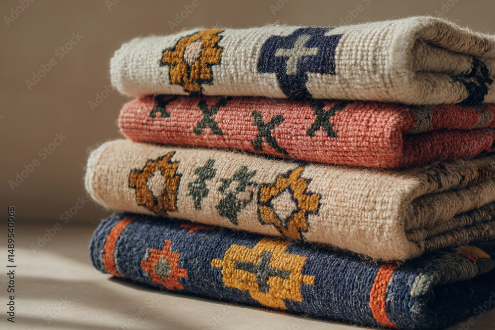 A stack of textured rugs with tribal motifs showcases earthy colors, heritage textile craft and cozy vintage design.
A stack of textured rugs with tribal motifs showcases earthy colors, heritage textile craft and cozy vintage design.
