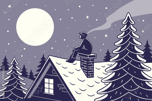 100 winter night landscape, chimney with person sitting on top, starry night sky, full moon, christmas tree, magical, cinematic, fantasy, digital art