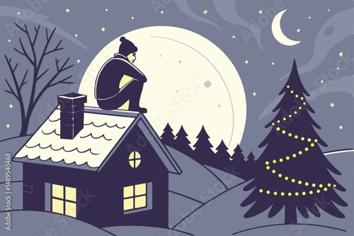 100 winter night landscape, chimney with person sitting on top, starry night sky, full moon, christmas tree, magical, cinematic, fantasy, digital art