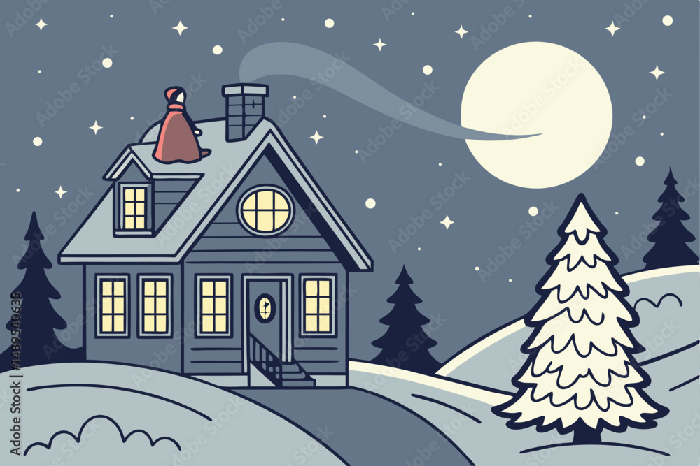 Naklejka premium 100 winter night landscape, chimney with person sitting on top, starry night sky, full moon, christmas tree, magical, cinematic, fantasy, digital art