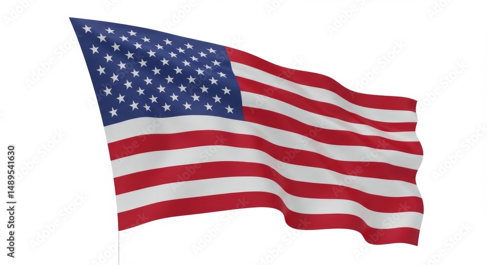 Fototapeta premium Waving United States flag against a clean white backdrop symbolizes patriotism