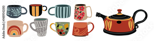 Collection of colorful coffee mugs and tea pot with various designs and patterns. The cups are hand made ceramic pottery, hand painted, with some featuring flowers, others with more abstract patterns
