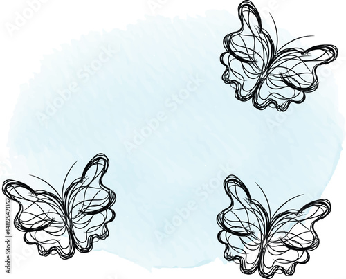 Three Abstract Butterflies on a Light Blue Watercolor Background