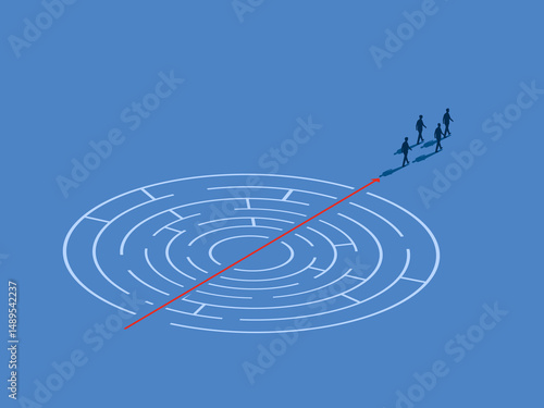 Business team walks through a simple maze puzzle