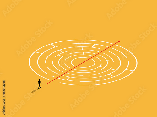 Businessman walks along an arrow pointing to a simple path to solve a maze puzzle