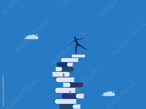 Trial and error learning, businessman balancing on unstable stack of books