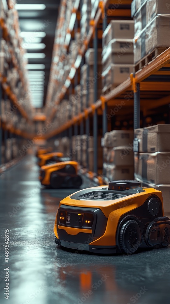 Obraz premium Interior view of a warehouse with automated vehicles.