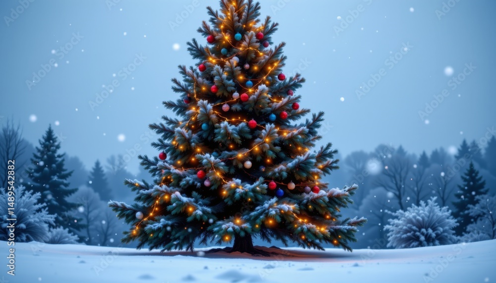 Obraz premium a serene winter landscape with a majestic fir tree adorned with ornaments and twinkling lights, set against a backdrop of gently falling snowflakes.