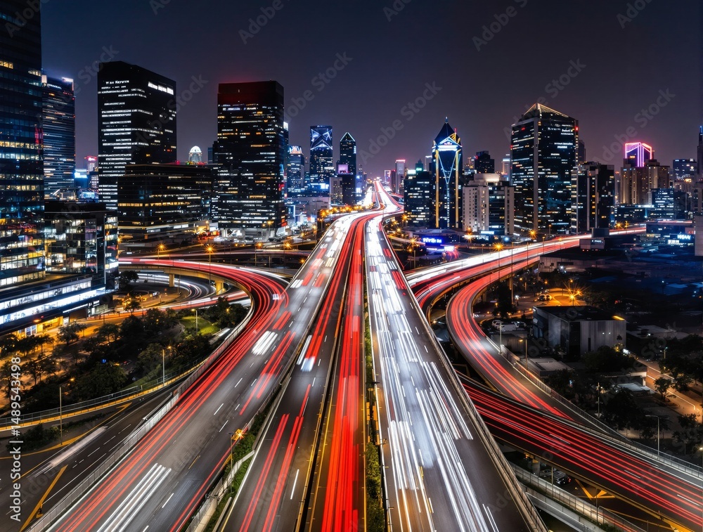 Fototapeta premium Urban highway with vibrant light trails and modern skyscrapers, digital illustration style, night city background, concept of fast city transport. Ai generative