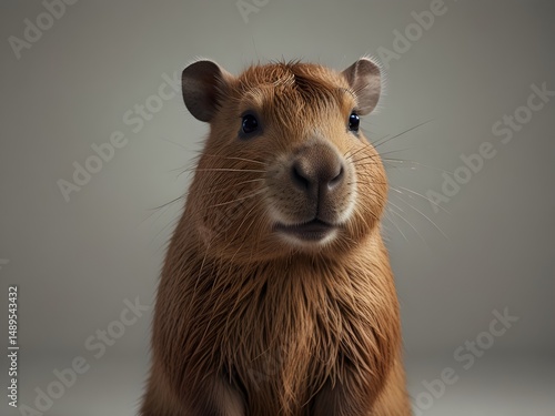 Close up of a capybara against a neutral background. The worlds largest rodent presents soft brown fur and a docile expression, creating a serene portrait.