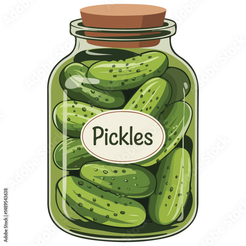 Homemade preserved pickled cucumbers in glass jar isolated vector illustration on white background