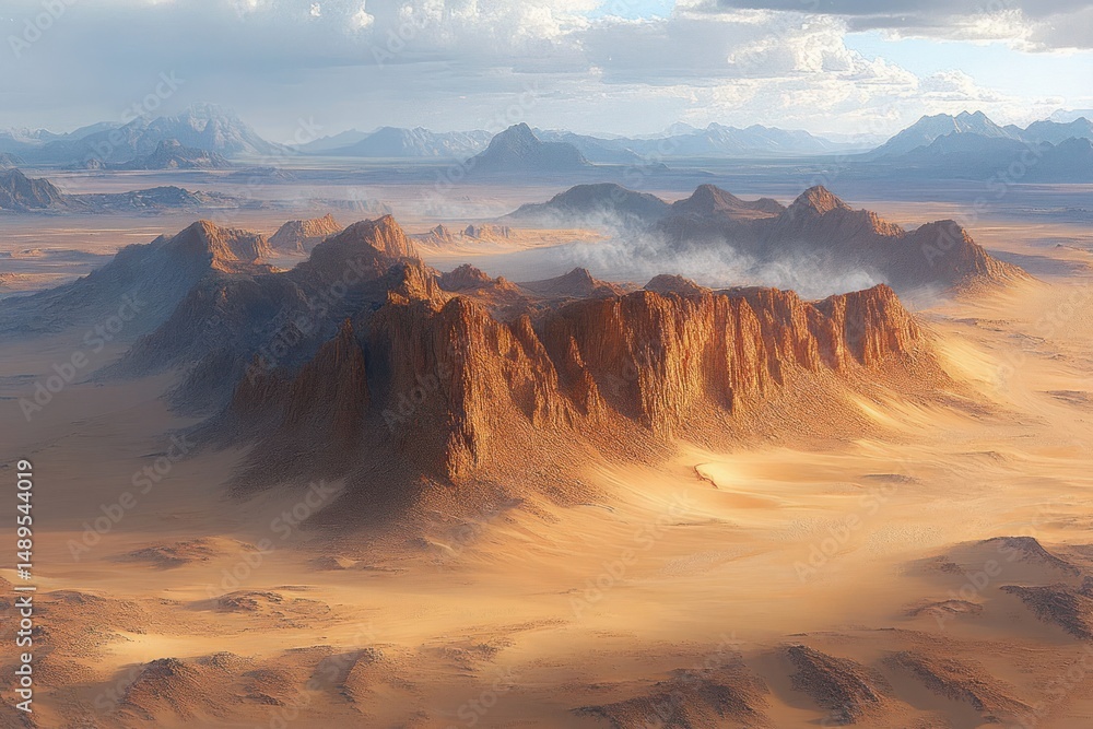 Naklejka premium Vast desert landscape featuring rugged reddish-brown mountain range under a partly cloudy sky with distant peaks and a serene atmosphere