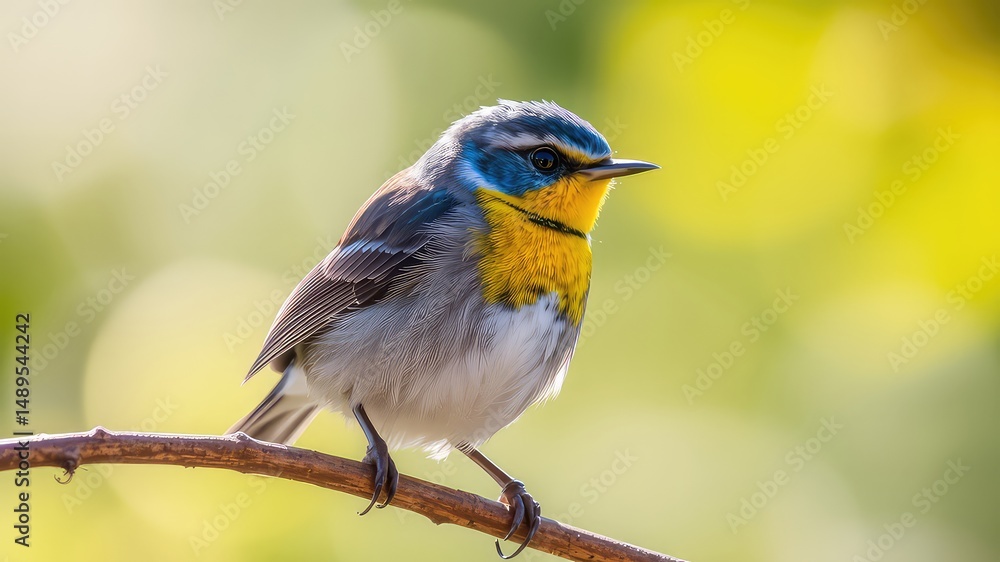 Obraz premium Vibrant Small Bird Perched on a Twig, Showing Off Its Striking Blue, Gray, and Yellow Plumage