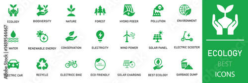 Ecology icon set. Illustrating nature, sustainability, and renewable energy with eco-friendly symbols, recycling, biodiversity, green initiatives, and environmental conservation.