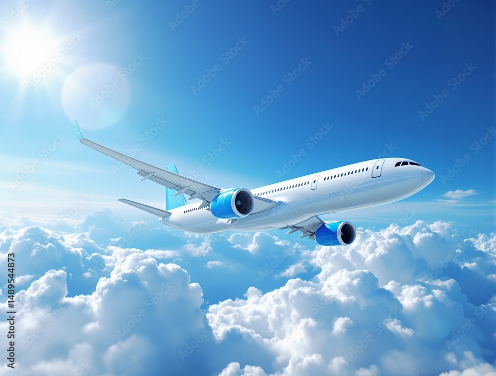 Fototapeta premium Passenger airplane flying high above clouds in blue sky, digital art style with detailed transport design on a bright sunny background. Ai generative