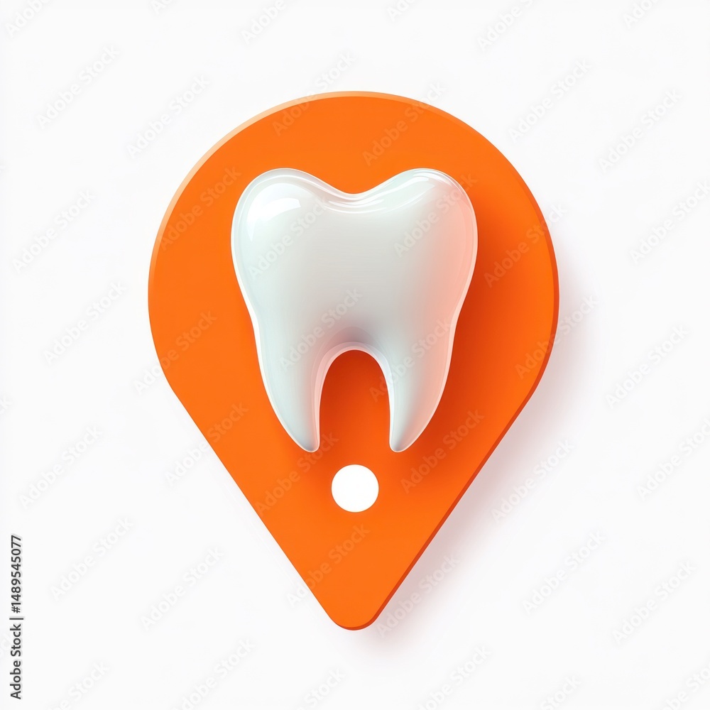 Glossy white tooth icon placed on bright orange map location marker on white background representing dental location or service Glossy white tooth icon placed on bright orange map location marker on white background representing dental location or service