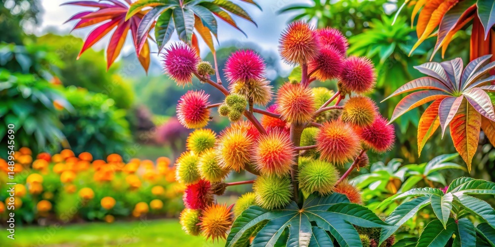 Fototapeta premium Colorful Castor fruit tree in a lush garden with green leaves and vibrant flowers, castor fruit