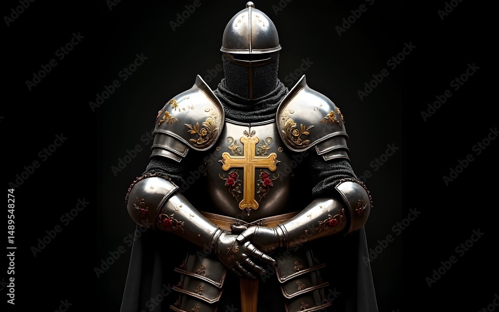 The Holy Knight: Armor of Christ. Medieval armor with ornate decorations, cross and floral motifs on black background. High quality The Holy Knight: Armor of Christ. Medieval armor with ornate decorations, cross and floral motifs on black background. High quality