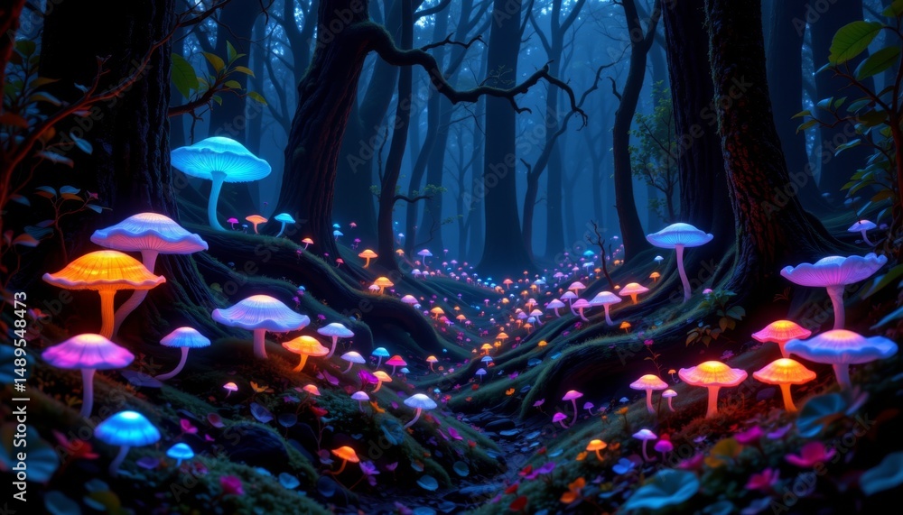 Obraz premium an otherworldly forest filled with bioluminescent fungi and plants that emit an ethereal glow, casting a psychedelic rainbow of colors onto the ground below.
