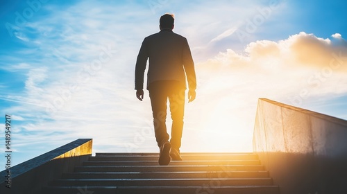 Ascending Stairway to Success Inspiring Journey Silhouette of a Man Walking Up Steps Toward Bright Sky Hopeful
