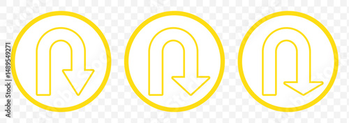 U turn, This Way, One Way, Only U Turn Yellow Arrow Sign Direction Icon Set. U turn sign vector art. Vector Illustration. U turn arrow symbol icon set on Transparent Background. EPS 10.