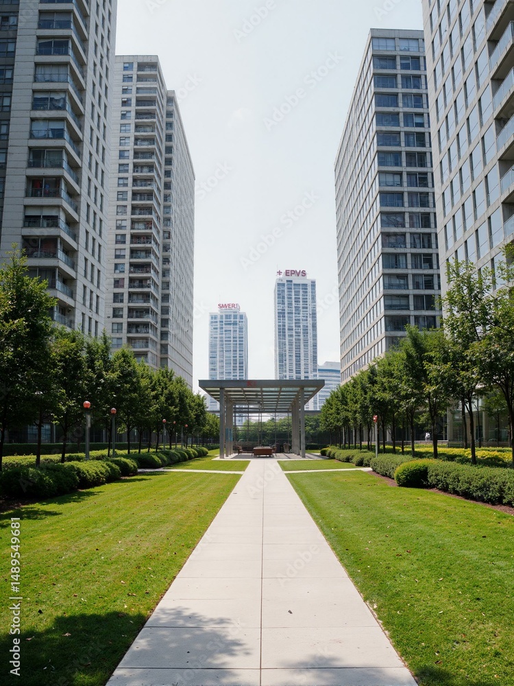 Obraz premium a walkway is in between some grassy areas and buildings.