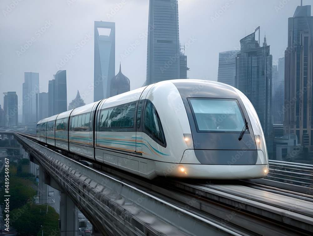 Naklejka premium Maglev transit car captured in wide telephoto shot showcasing sleek levitation design silent urban mobility