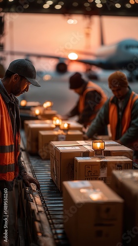 Focused male airport ground crew workers in safety vests processing cargo packages on conveyor belt at sunset with airplane in background at air freight terminal during golden hour