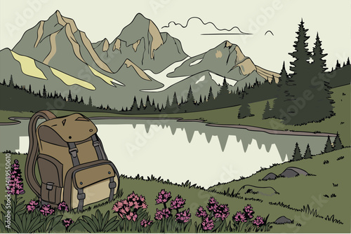 106 hiking backpack, vibrant wildflowers, serene lake, majestic mountains, lush green forest, overcast sky, adventure, exploring nature, tranquil atmosphere, outdoor landscape