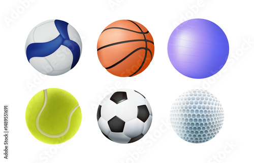 Collection of different sport ball vector illustration. Basketball, volley ball,tennis ball, soccer ball, football ball, fitness and golf balls. Sport equipment icons for shop, app or website