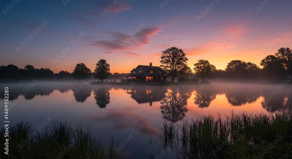 Obraz premium Tranquil Lake at Sunrise with Reflection of House and Trees